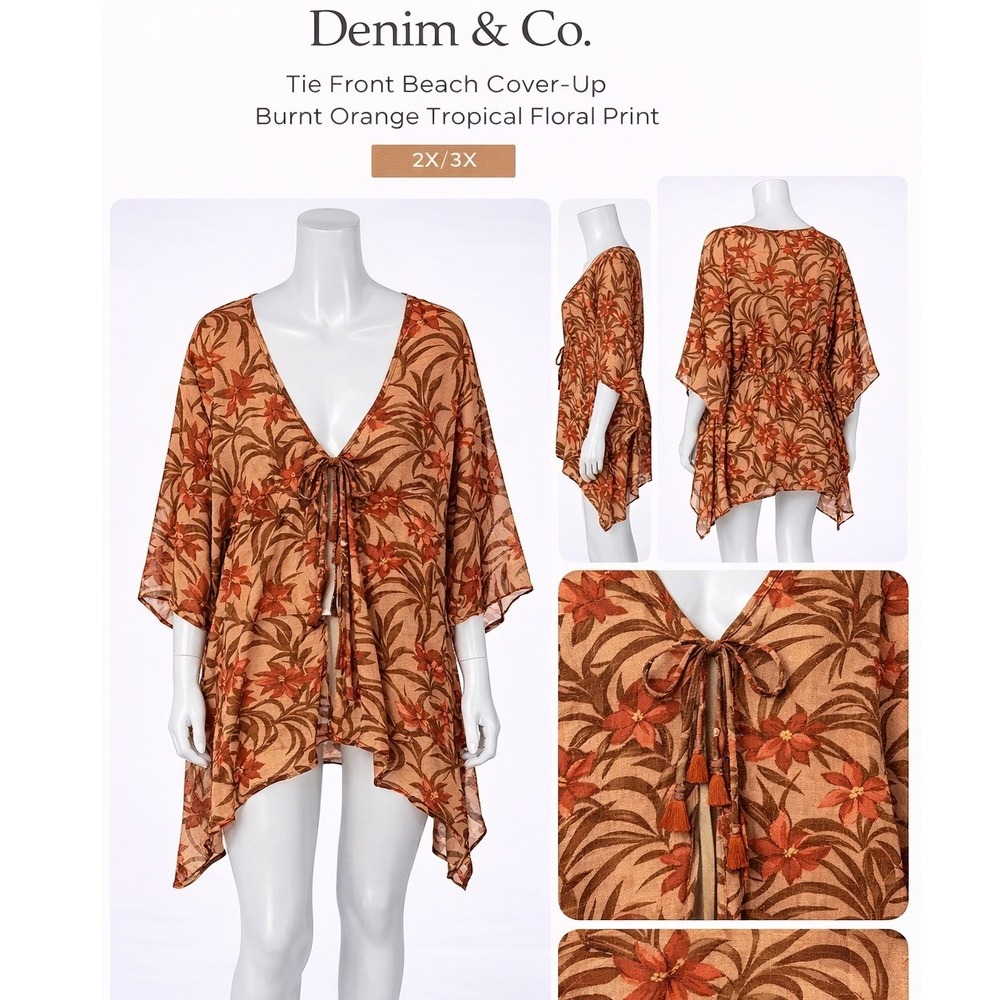 Denim & Co‎ Beach Tie Front Cover-Up Burnt Orange Tropical Floral 2X/3X A392628